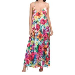 Nicole Miller Satin Watercolor Paint Splatter Sleeveless Maxi Dress sz XS